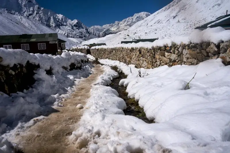 walk on the main street of Dingboche before they removed the snow, Everest Base Ca,p trek