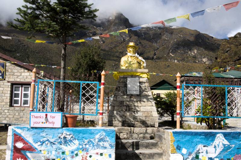 gold statue of Sir Edmund Hillary , Everest Base Camp Trek Part 3