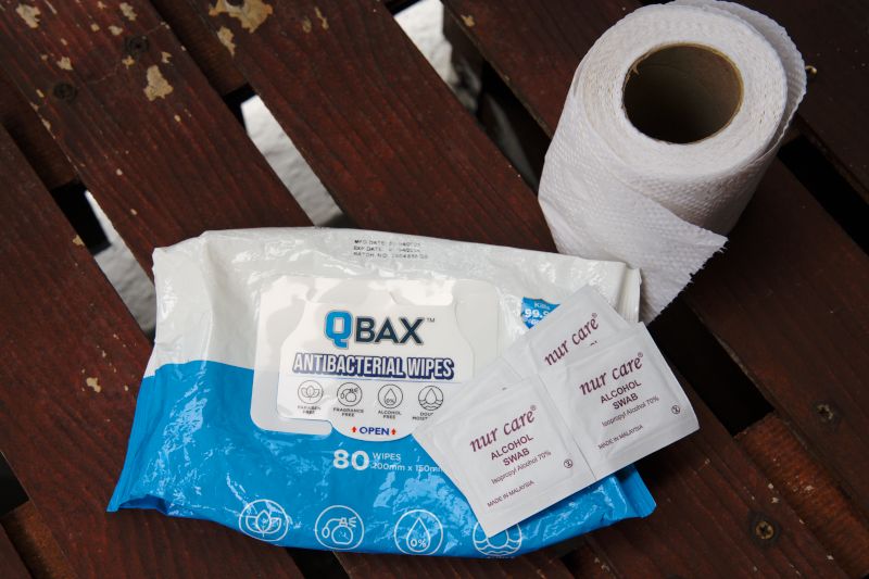 Antiseptic wet wipes, toilet paper, and alcohol swabs