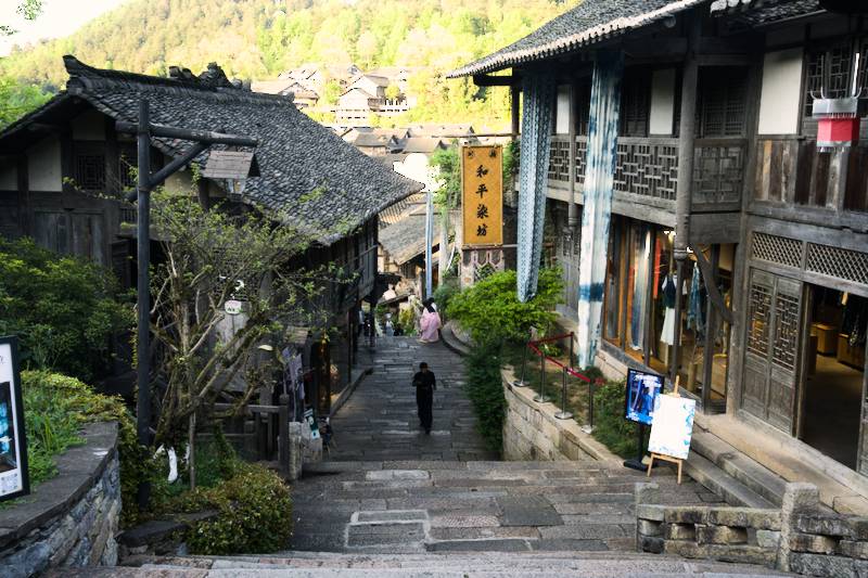 Walking along the shops in the morning at Wujiangzhai International Tourist Resort
