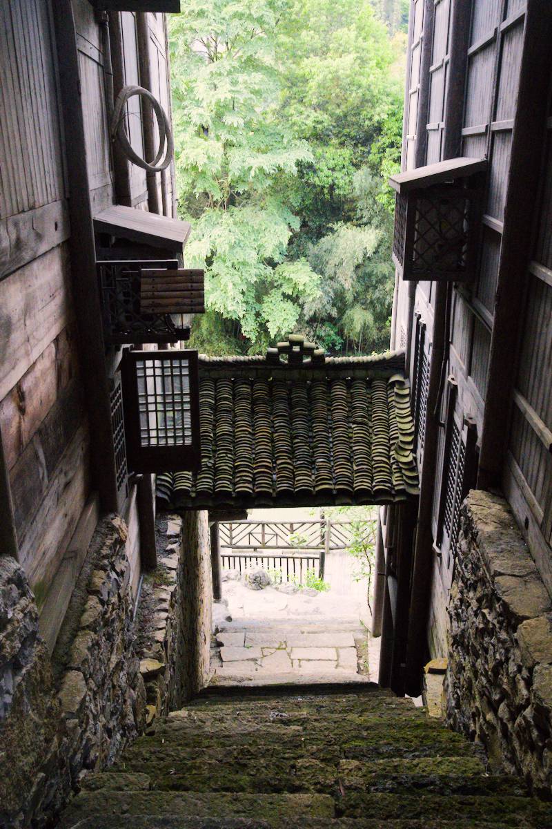 Walking along the shops in the morning at Wujiangzhai International Tourist Resort

