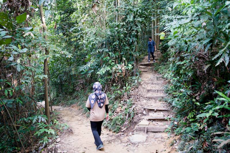 Trail junction at Gasing Hill where hikers turn right for the shorter route to Kem T-Rock